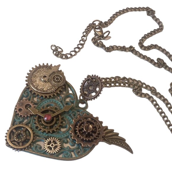 Jewelry - Steam Punk Turquoise Blue Heart Necklace With Gears and Bronze Chain